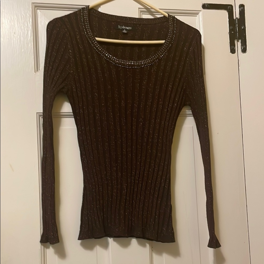 Women’s metallic Brown Long Sleeve Ribbed Top with Rhinestone Accents size M